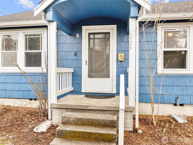 doorway to property featuring crawl space and roof with shingles