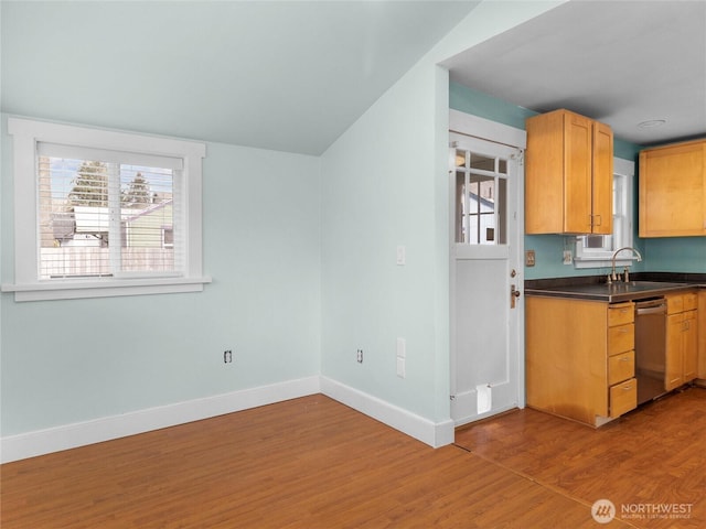 kitchen featuring dark countertops, baseboards, dishwasher, wood finished floors, and a sink