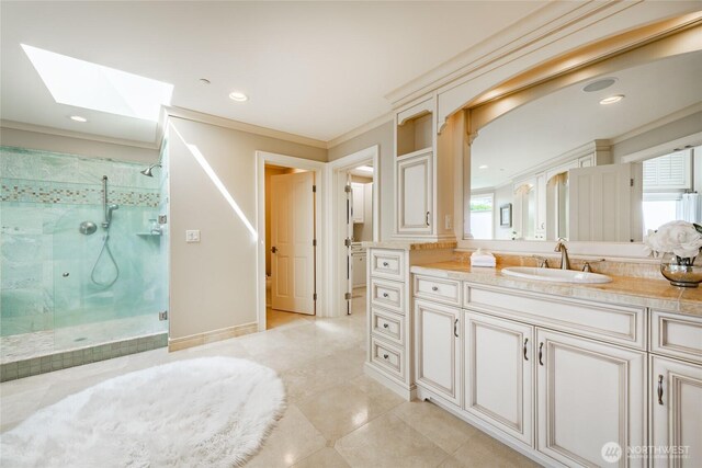 5685 Nakat Way, Blaine, WA 98230 - full bathroom featuring a skylight, a stall shower, tile patterned floors, vanity, and recessed lighting
