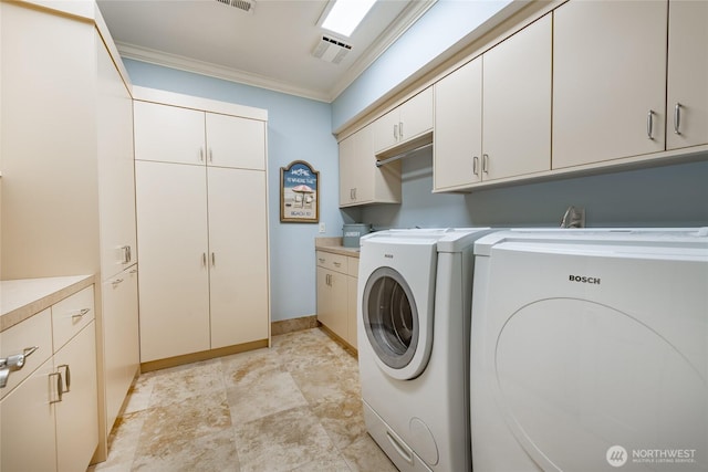 5685 Nakat Way, Blaine, WA 98230 - washroom with cabinet space, ornamental molding, washing machine and clothes dryer, and baseboards