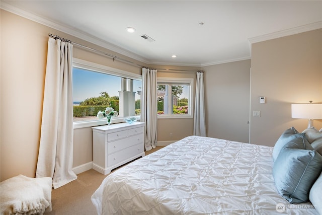 5685 Nakat Way, Blaine, WA 98230 - bedroom with baseboards, ornamental molding, light carpet, and recessed lighting