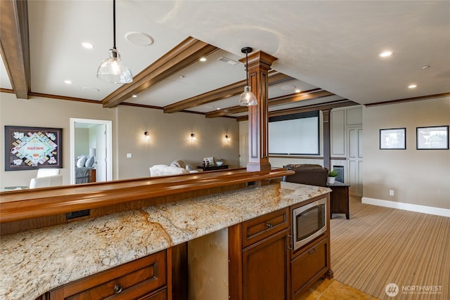 5685 Nakat Way, Blaine, WA 98230 - kitchen with stainless steel microwave, open floor plan, light carpet, recessed lighting, and beamed ceiling
