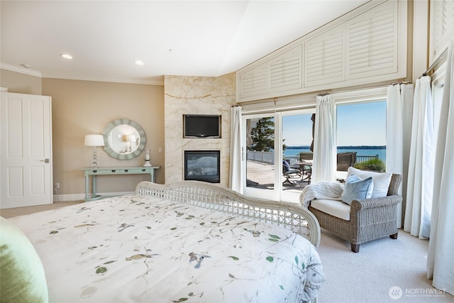 5685 Nakat Way, Blaine, WA 98230 - bedroom featuring access to exterior, ornamental molding, light colored carpet, a premium fireplace, and recessed lighting
