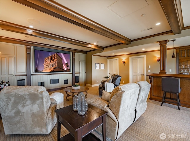 5685 Nakat Way, Blaine, WA 98230 - cinema featuring ornate columns, beamed ceiling, baseboards, and recessed lighting