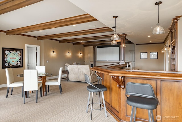5685 Nakat Way, Blaine, WA 98230 - kitchen with light carpet, baseboards, pendant lighting, beam ceiling, and recessed lighting