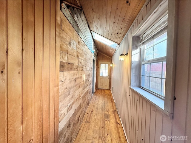 hallway featuring vaulted ceiling, wood walls, wooden ceiling, and light wood finished floors