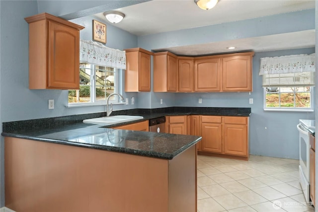 kitchen featuring a sink, white range with electric stovetop, a peninsula, light tile patterned flooring, and dishwasher