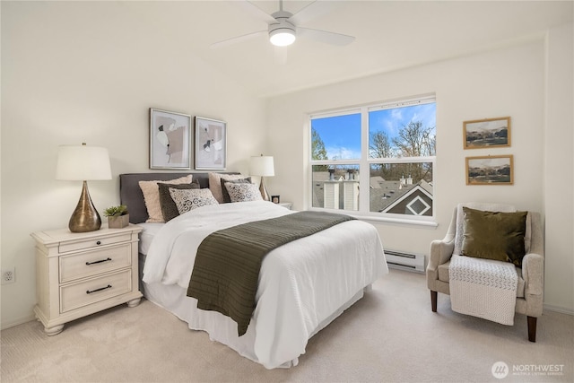 bedroom with light carpet, vaulted ceiling, ceiling fan, and a baseboard radiator