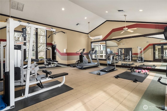 exercise room featuring visible vents, a ceiling fan, and vaulted ceiling