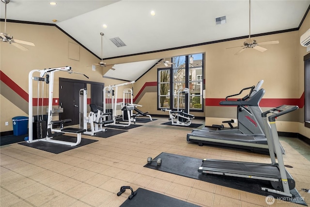 exercise room with visible vents, ornamental molding, a ceiling fan, and vaulted ceiling