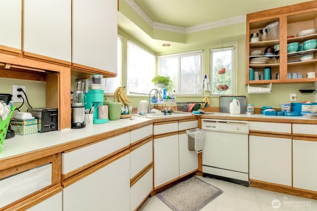 kitchen with a sink, plenty of natural light, light countertops, and white dishwasher