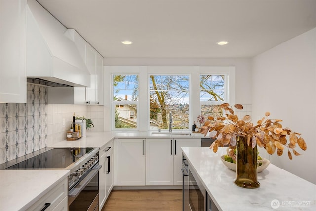 kitchen featuring backsplash, premium range hood, stainless steel range with electric cooktop, white cabinetry, and a sink