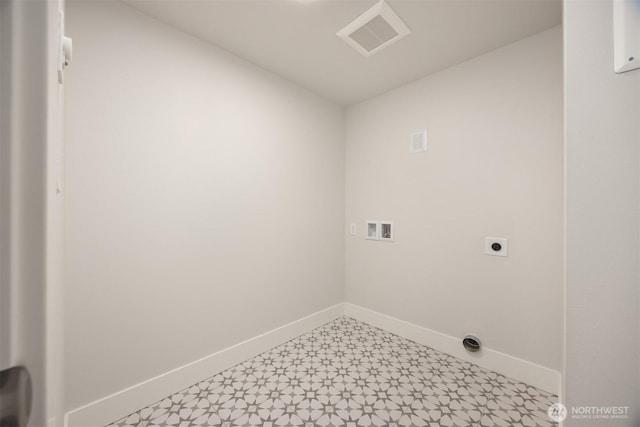 laundry room with electric dryer hookup, visible vents, washer hookup, baseboards, and laundry area