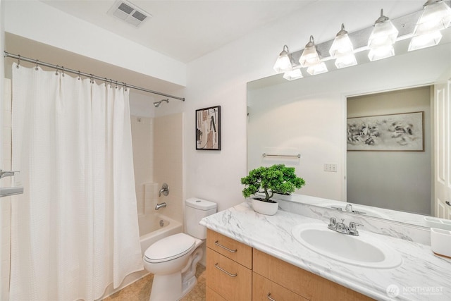 full bathroom with vanity, toilet, shower / bathtub combination with curtain, and visible vents