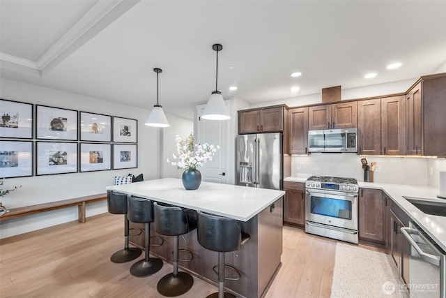 kitchen featuring light countertops, light wood-style flooring, a kitchen breakfast bar, and stainless steel appliances