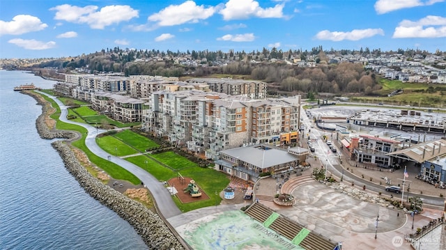 drone / aerial view featuring a water view