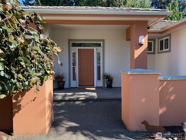 doorway to property featuring stucco siding and metal roof