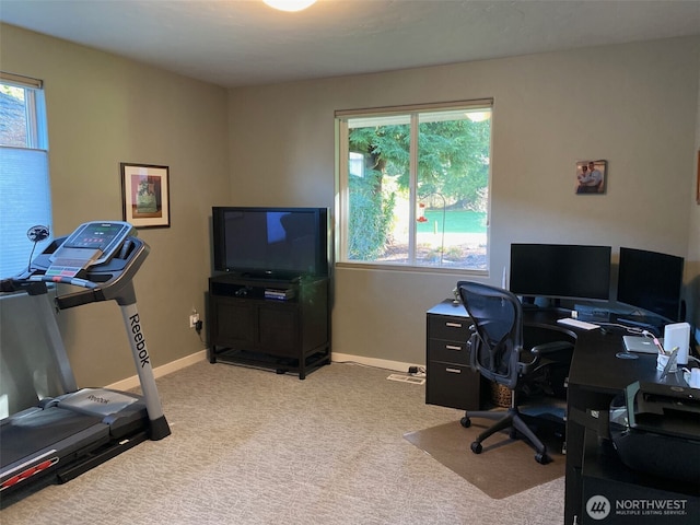 office space featuring carpet flooring, plenty of natural light, and baseboards