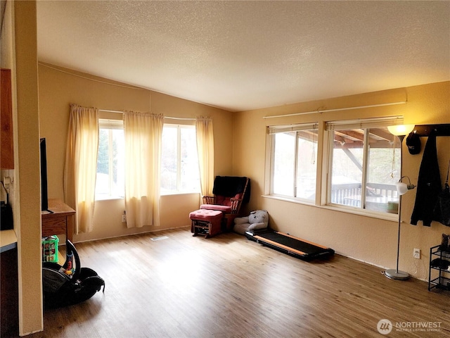 living area with plenty of natural light, a textured ceiling, and wood finished floors