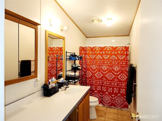 full bathroom with tile patterned floors, a shower with curtain, toilet, ornamental molding, and vanity