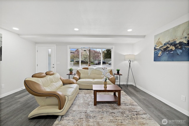 living room featuring recessed lighting, baseboards, and wood finished floors