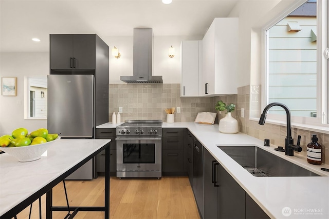 kitchen featuring light wood-style flooring, a sink, stainless steel appliances, exhaust hood, and light countertops