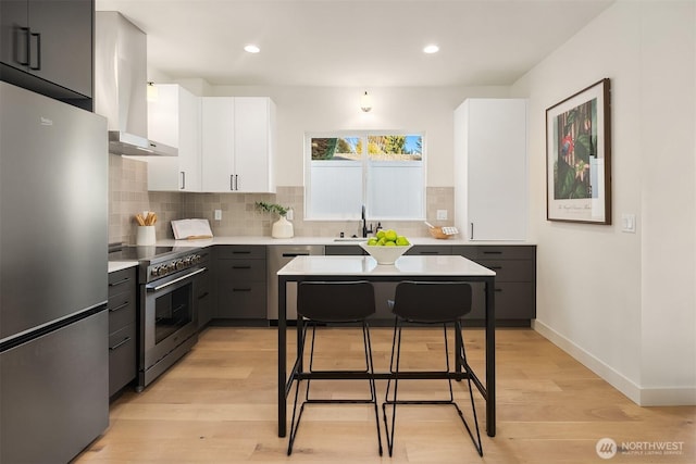 kitchen with ventilation hood, light countertops, appliances with stainless steel finishes, white cabinetry, and a sink