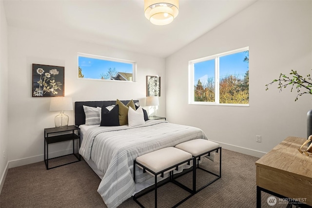 bedroom featuring baseboards, carpet, and lofted ceiling