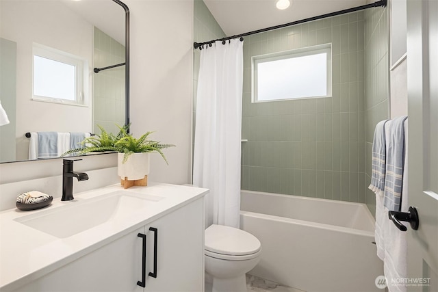 bathroom featuring shower / bath combo with shower curtain, toilet, marble finish floor, and vanity