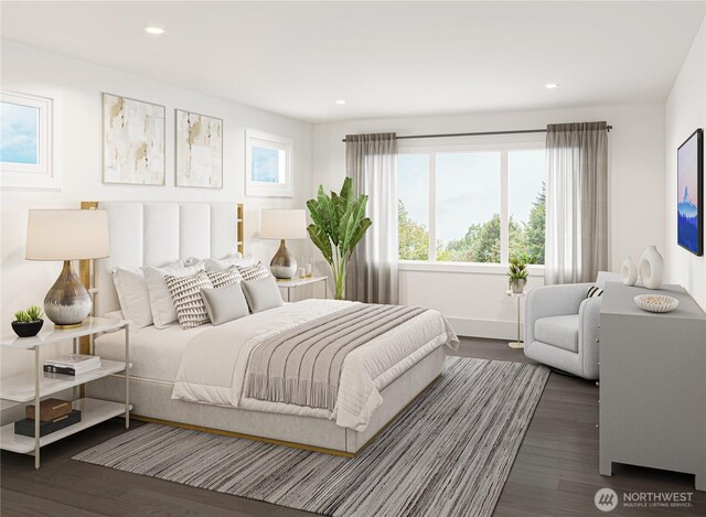 bedroom with recessed lighting and wood finished floors