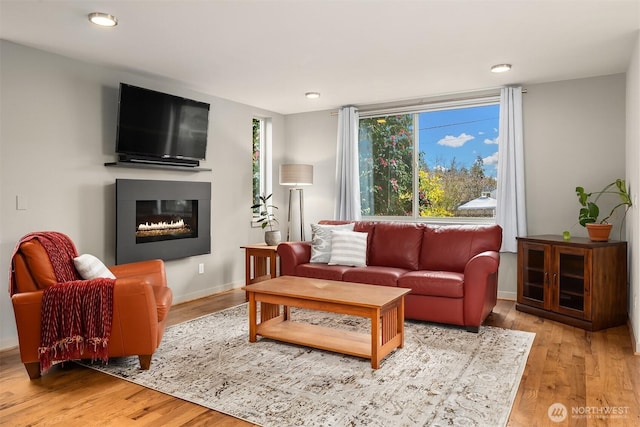 living area with a glass covered fireplace, baseboards, wood finished floors, and recessed lighting