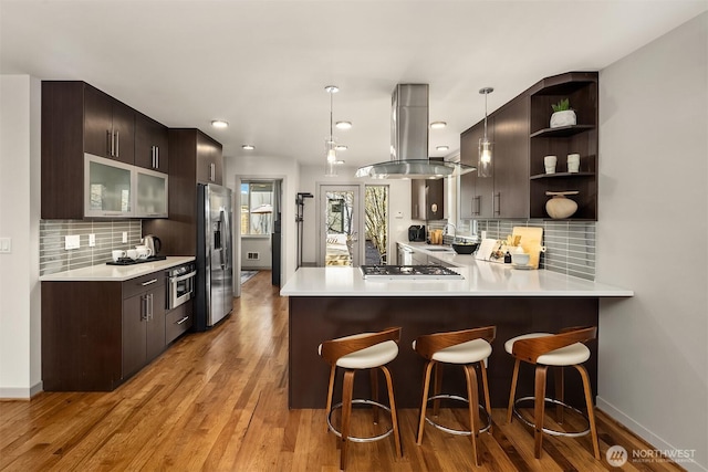 kitchen with dark brown cabinetry, appliances with stainless steel finishes, island exhaust hood, a kitchen breakfast bar, and open shelves