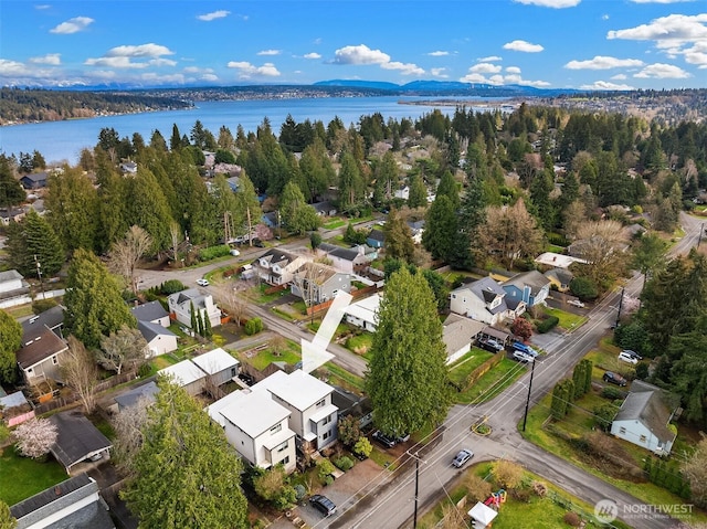 bird's eye view with a water view