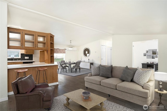 living area with dark wood-style flooring and vaulted ceiling