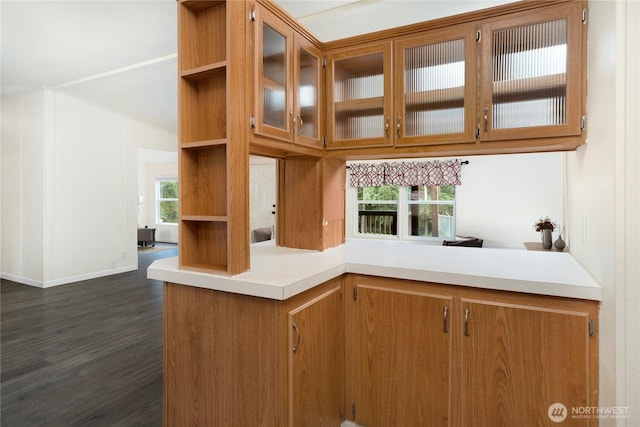 kitchen featuring glass insert cabinets, plenty of natural light, brown cabinetry, and light countertops