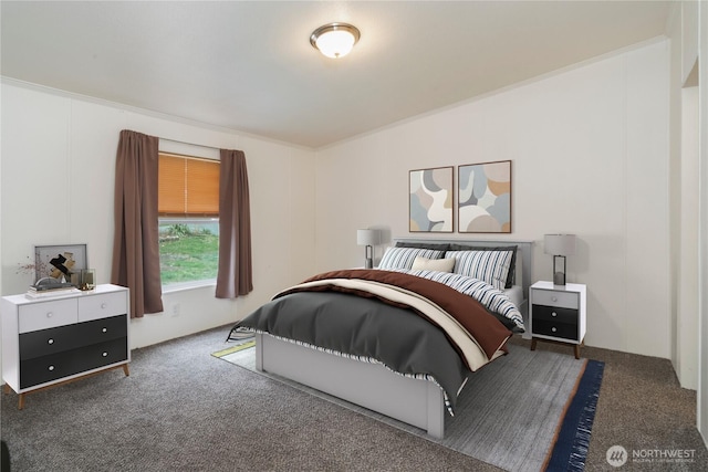 bedroom featuring ornamental molding and carpet flooring