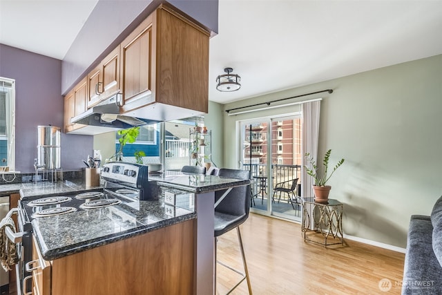 kitchen featuring baseboards, a breakfast bar area, stainless steel electric range oven, light wood-type flooring, and brown cabinetry