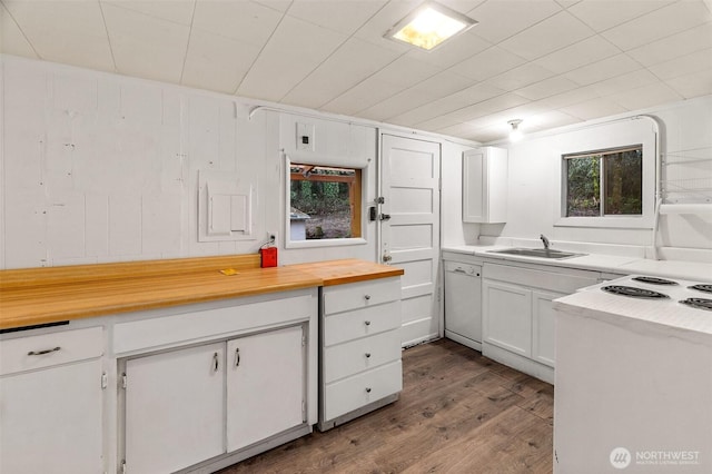 kitchen with wooden counters, white cabinetry, wood finished floors, and a sink