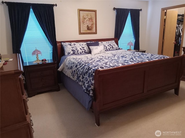 bedroom featuring a walk in closet and light colored carpet