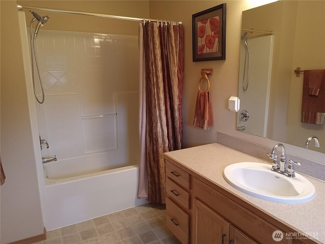 full bathroom featuring vanity and shower / bath combination with curtain