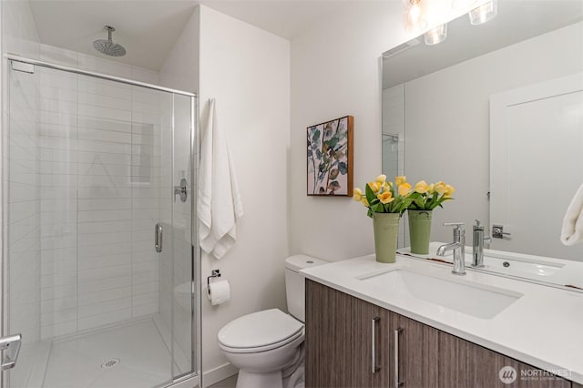 full bath featuring vanity, toilet, and a stall shower