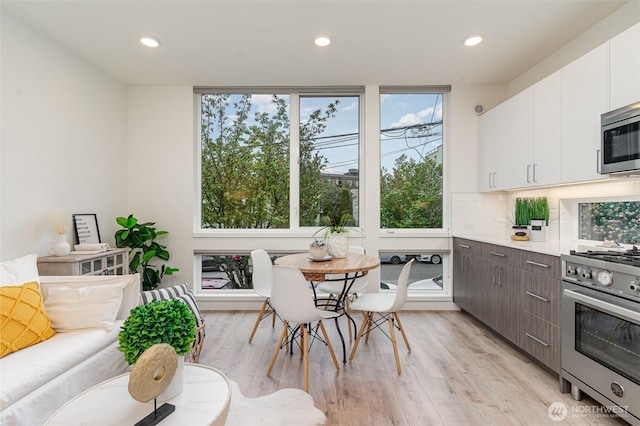 kitchen featuring decorative backsplash, light wood-style flooring, white cabinetry, and stainless steel appliances