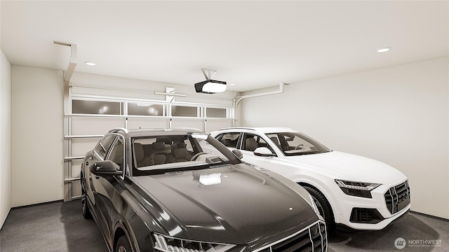 garage with recessed lighting and a garage door opener