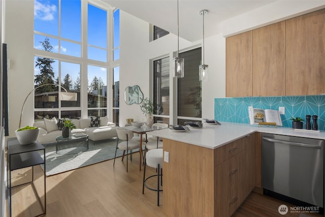 kitchen featuring stainless steel dishwasher, a peninsula, modern cabinets, and dark wood-style flooring