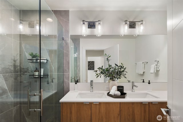 bathroom with double vanity, a stall shower, and a sink