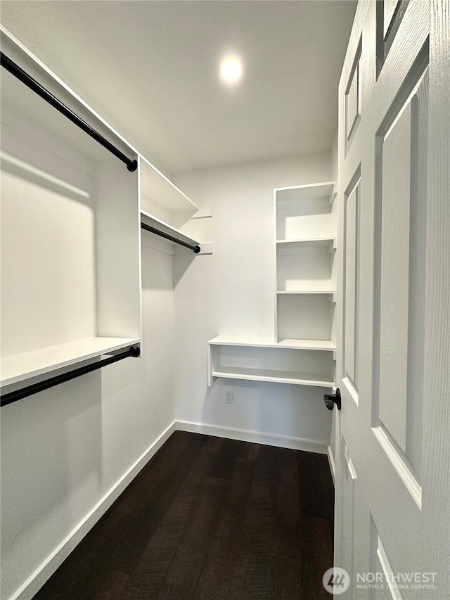 spacious closet with dark wood-style flooring