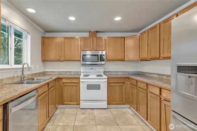 kitchen with ornamental molding, a sink, appliances with stainless steel finishes, light tile patterned flooring, and light countertops