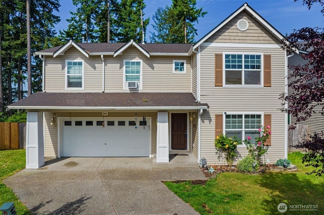 traditional-style home with fence, a front yard, cooling unit, a garage, and driveway