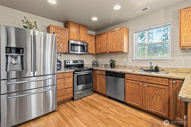 kitchen featuring visible vents, brown cabinets, a sink, stainless steel appliances, and light wood-style floors