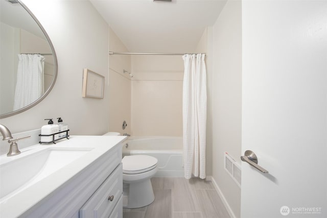 full bathroom featuring vanity, shower / bath combination with curtain, toilet, and visible vents